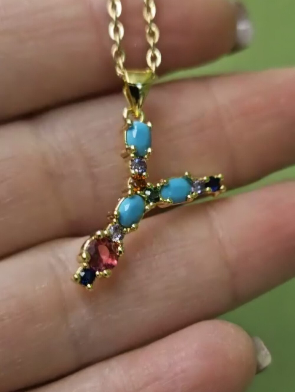 Y Initial Pendant Necklace Multicolor Rhinestones Gold Tone Chain